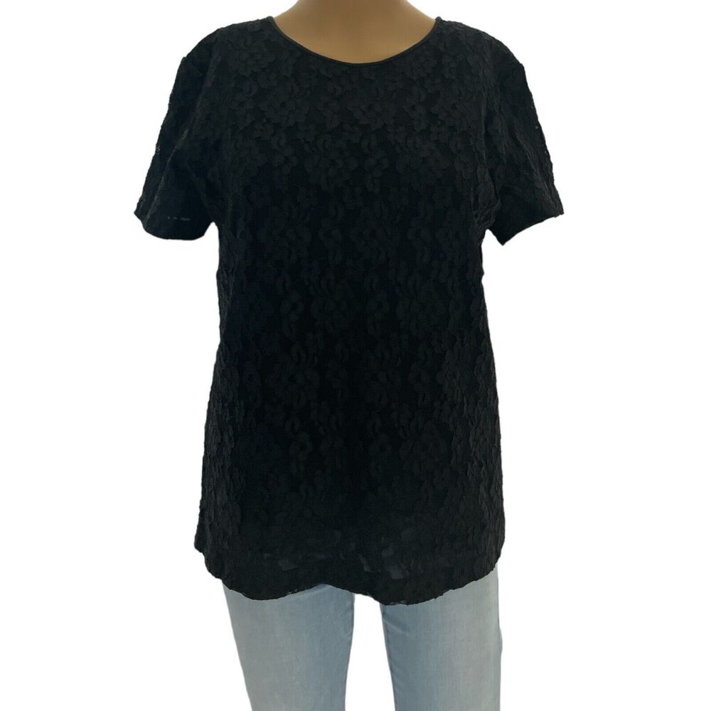 Talbots Top Black Floral Lace Overlay T-Shirt Short Sleeve Scoop Neck Sz/ S - Picture 2 of 7